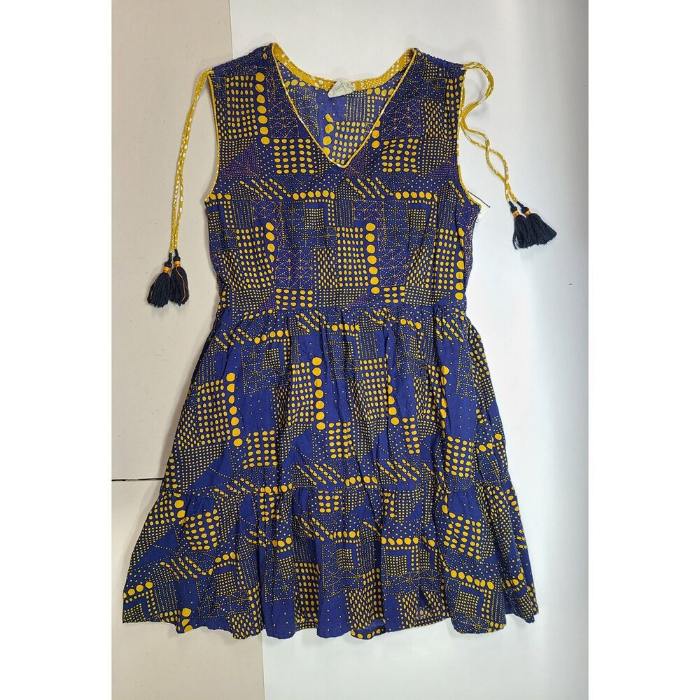 Mata Traders Blue Yellow Geometric Print Tassel Tie Summer Dress Anthropologie